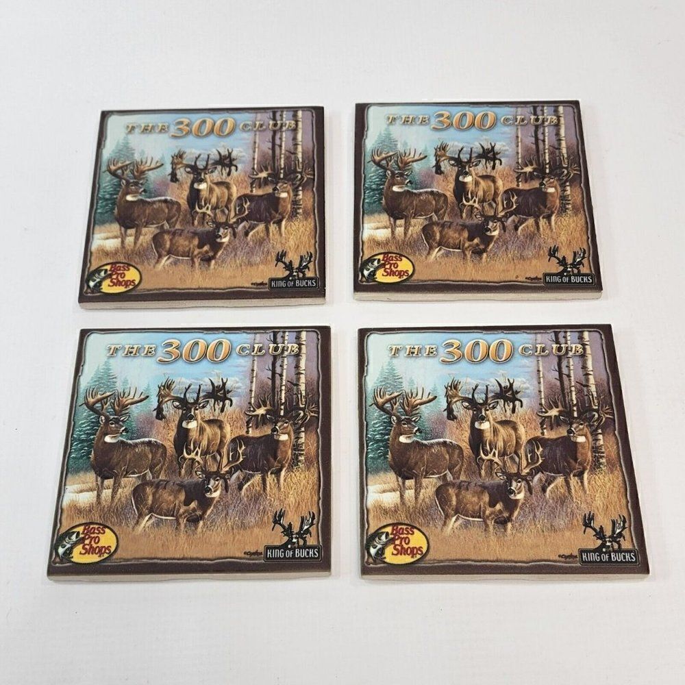Vintage Set of 4 Bass Pro Shops Deer Outdoors King of Bucks‎ Coasters Set